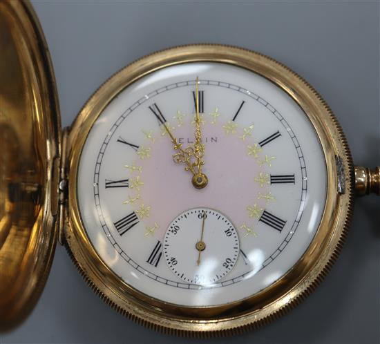 An early 20th century Elgin engine turned gold plated hunter keyless pocket watch, with a 9ct gold suspension T-bar,